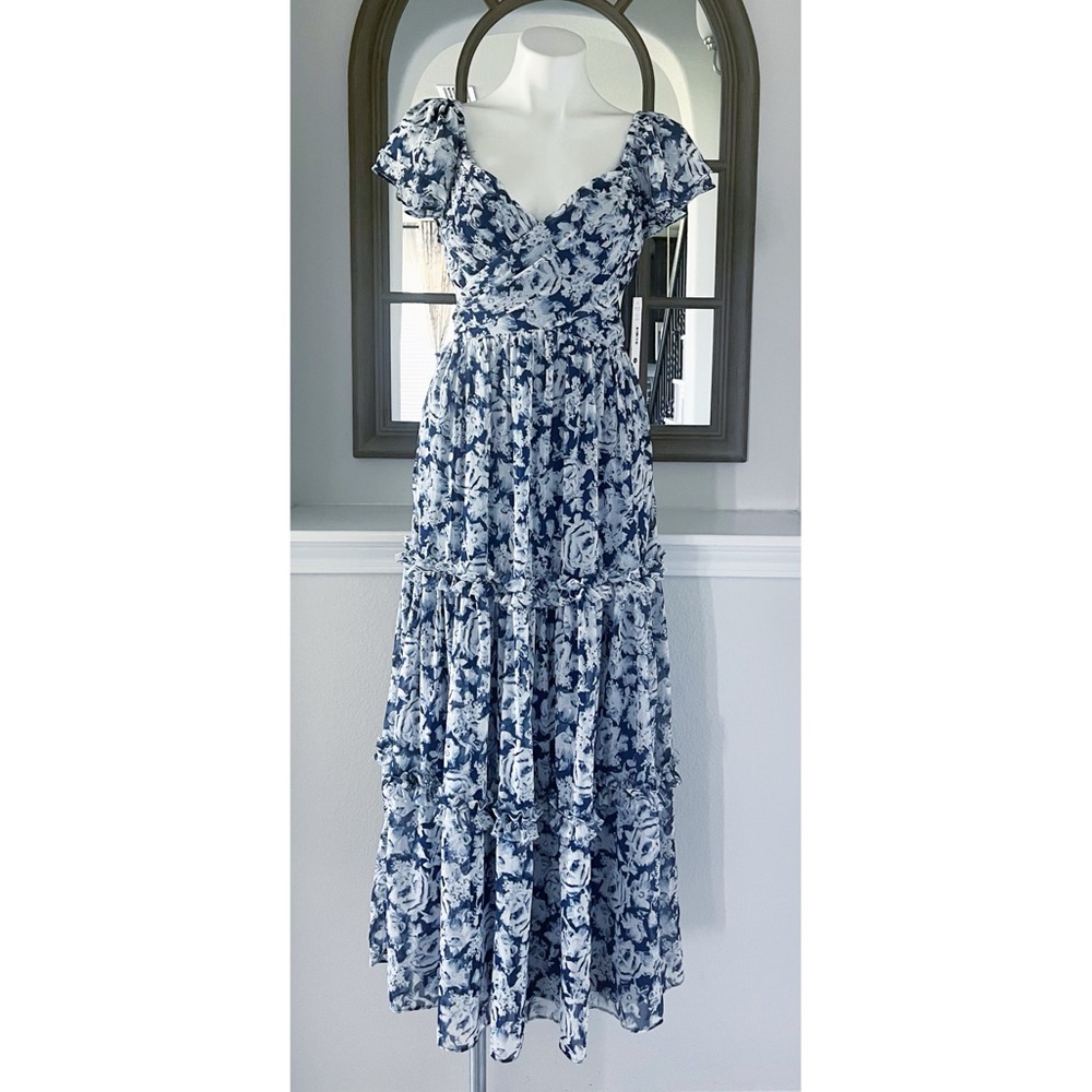 Aqua Floral Chiffon Dress w/Flutter Sleeves, Tiered Blue Multi Size M New w/Tag